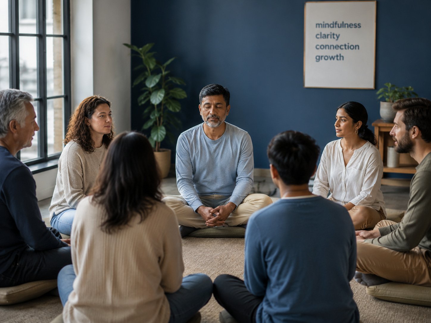 Group of adults sharing a reflective moment during an Academy of Consciousness session