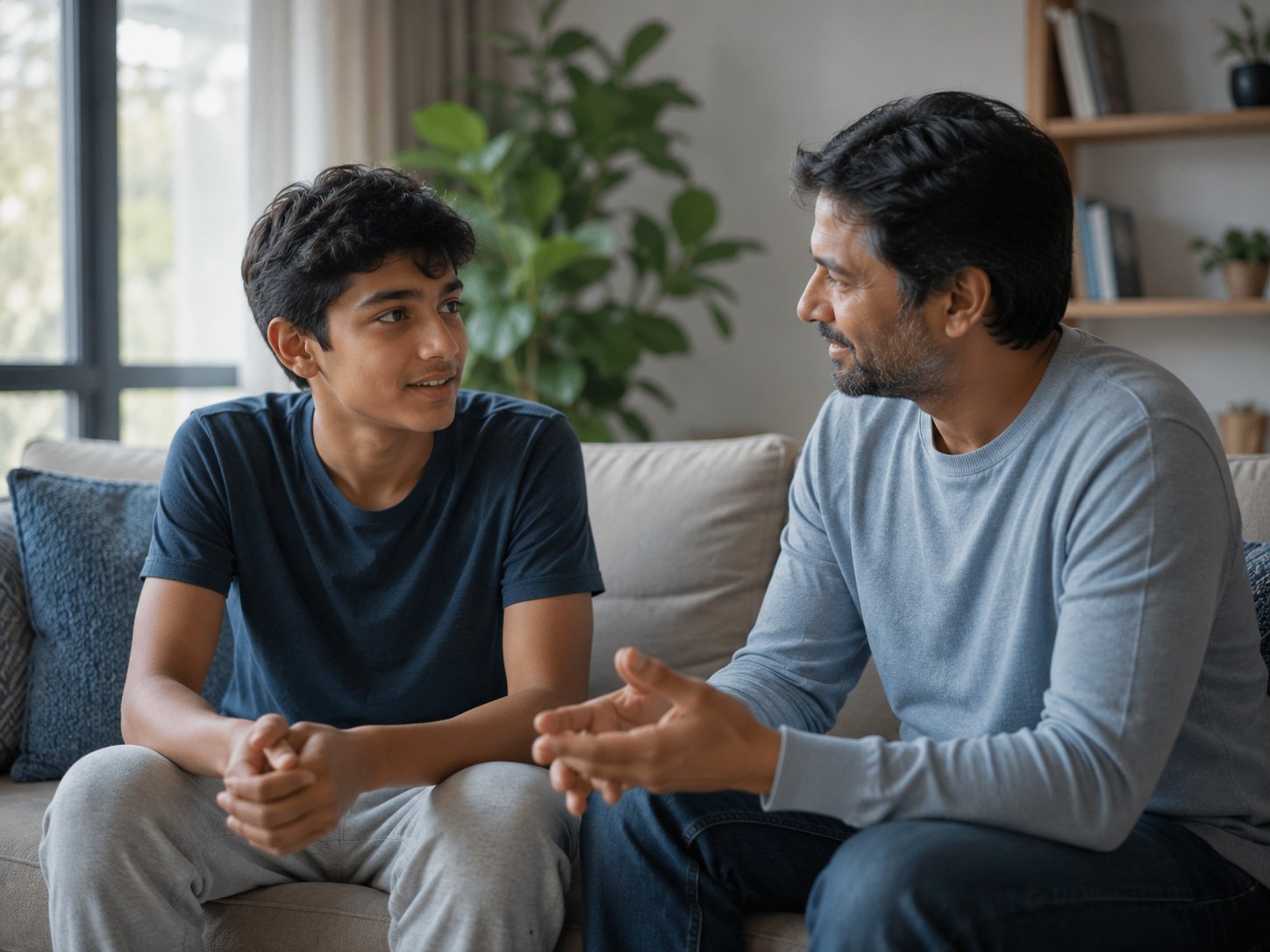 A parent and teenager in open, warm conversation